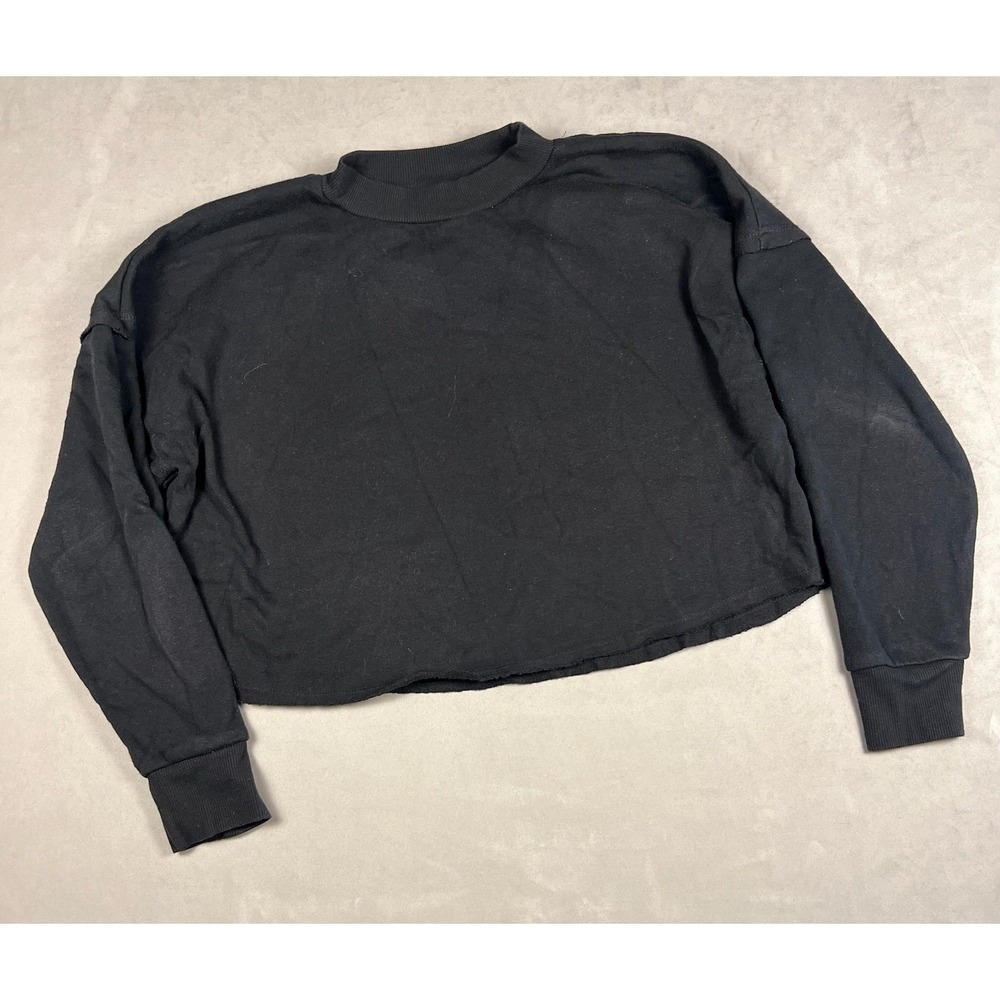 Colsie Womens Black Cropped Sweatshirt Fleece Lined‎ Boxy Raw Hem XS